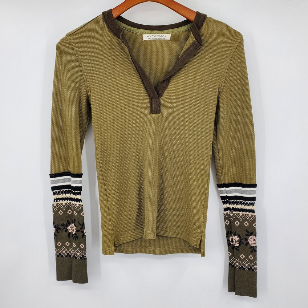 We The Free Free People Mikah Green Waffle Knit Floral Layering Sleeve Shirt S